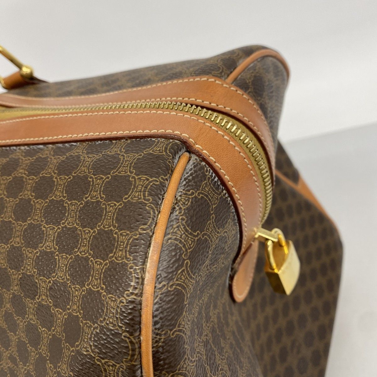 6ca0766-k】セリーヌ ボストンバッグ マカダム PVC ブラウン ゴールド