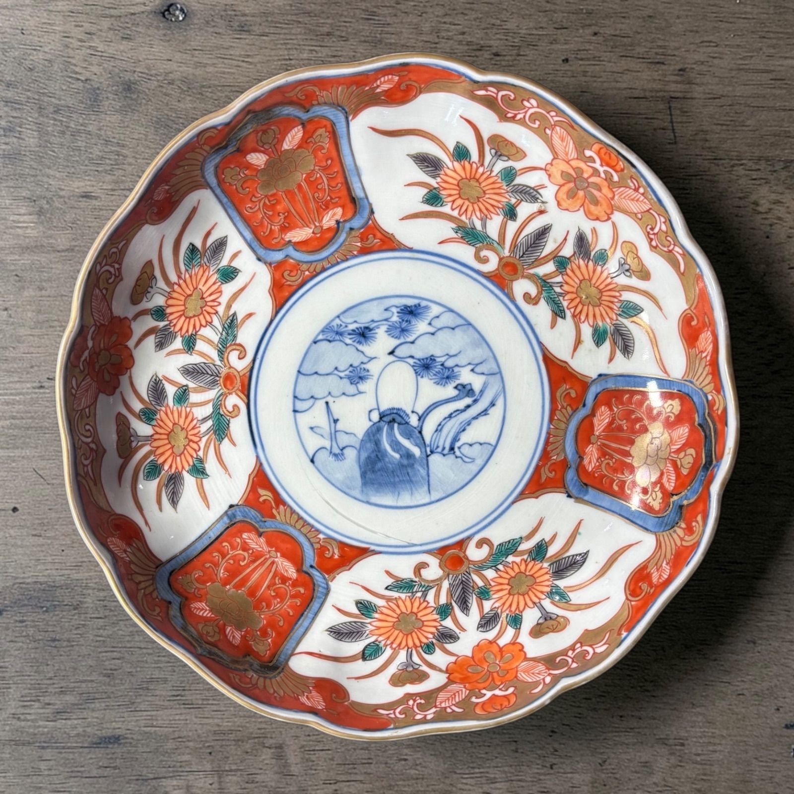 明治時代 古伊万里 金彩 赤絵 牡丹草花文図 大皿 冨貴長春 取り皿 飾り