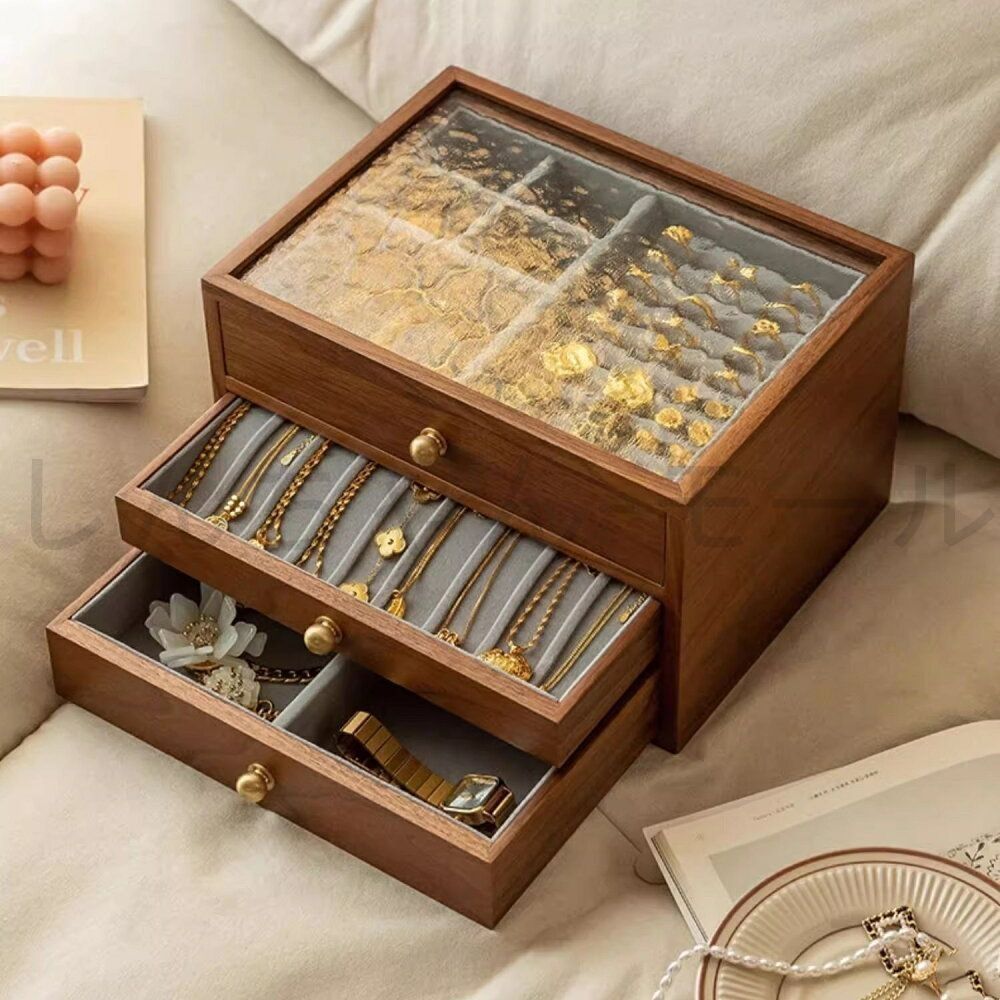 銘木 ジュエリーボックス アクセサリーケース 木製 仕切り調整 3段 大