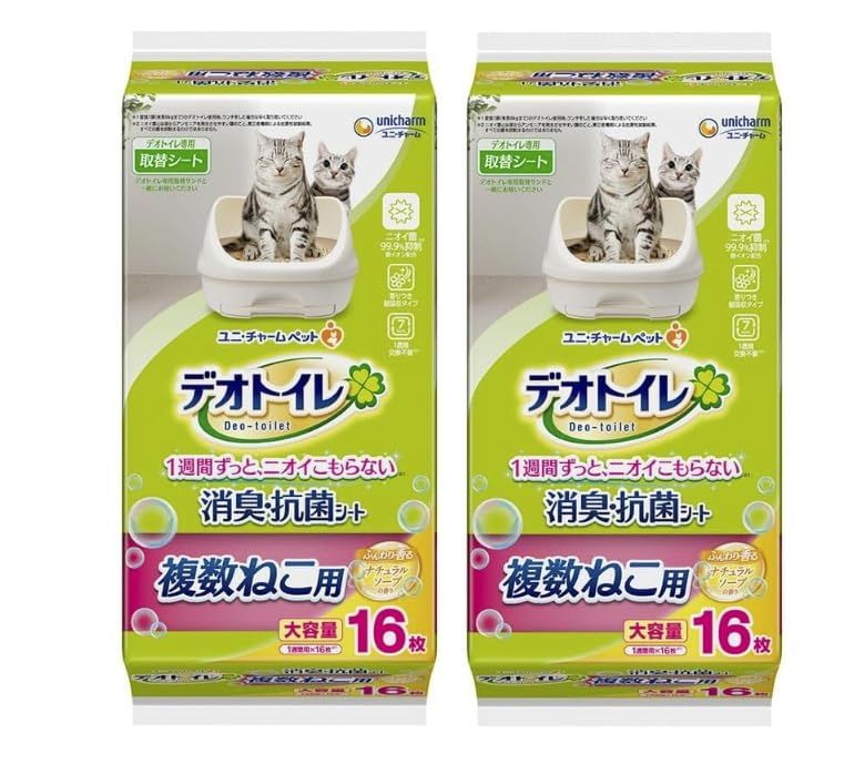 D★デオトイレ 複数ねこ用ふんわり香る 消臭・抗菌シートナチュラルソープの香り１６枚 2個セット