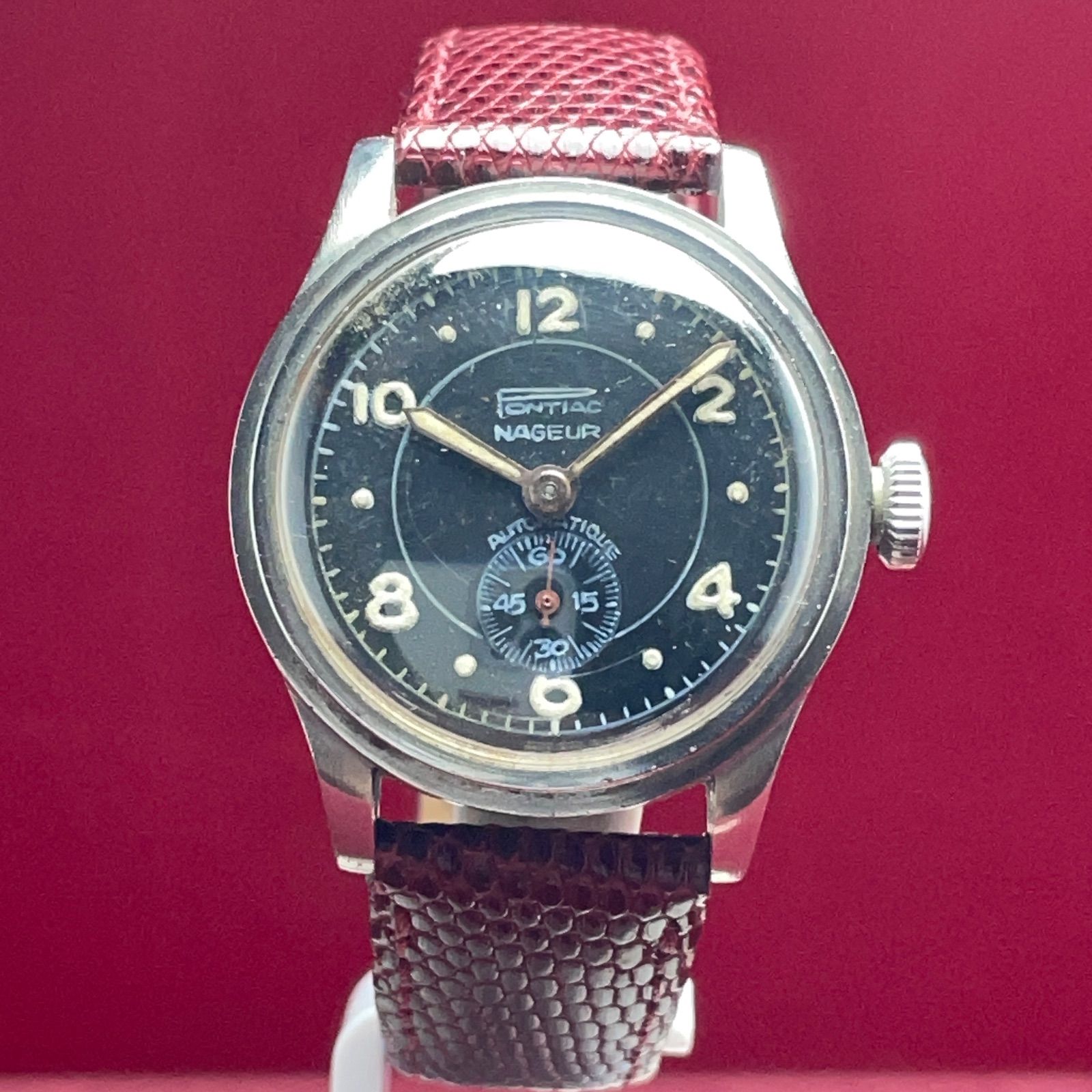  OH済| ポンティアック ナジュール スモールセコンド 40-50s 自動巻 ヴィンテージ アンティーク 黒文字盤 ミリタリー 腕時計 稼働品 トレーナー 自動巻き時計 腕時計(アナログ)