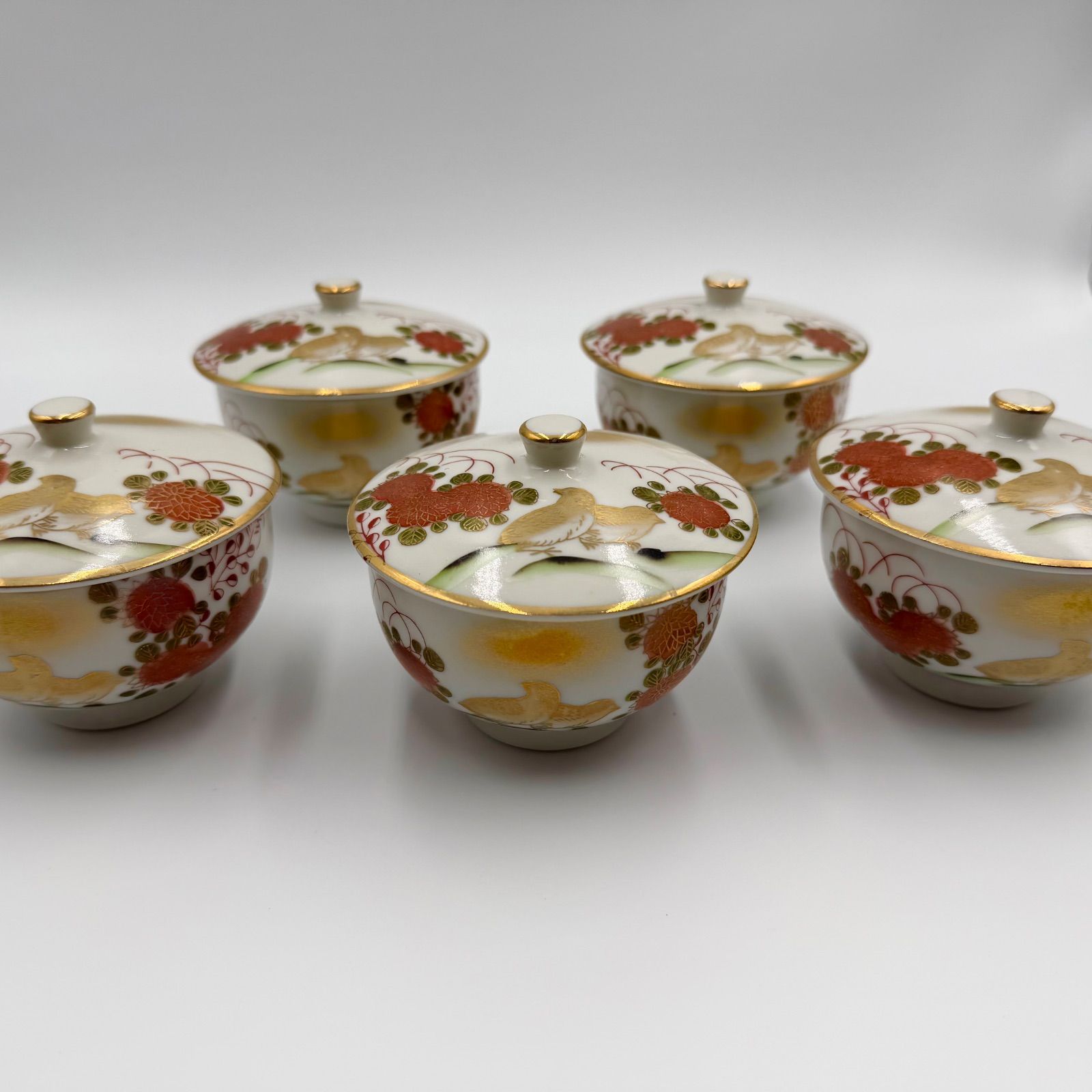 未使用】九谷焼 賀峰 金彩 番鳥 蓋付煎茶碗 5客セット 共箱入 湯呑み