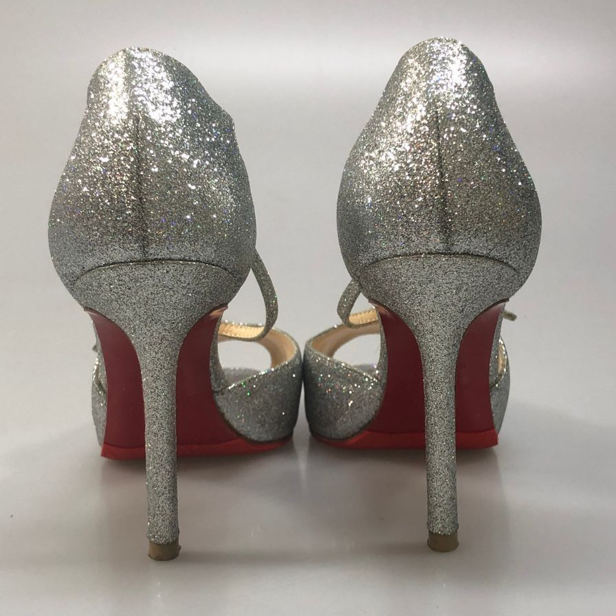 クリスチャンルブタン ヒールパンプス オープントゥ ラメ シルバー