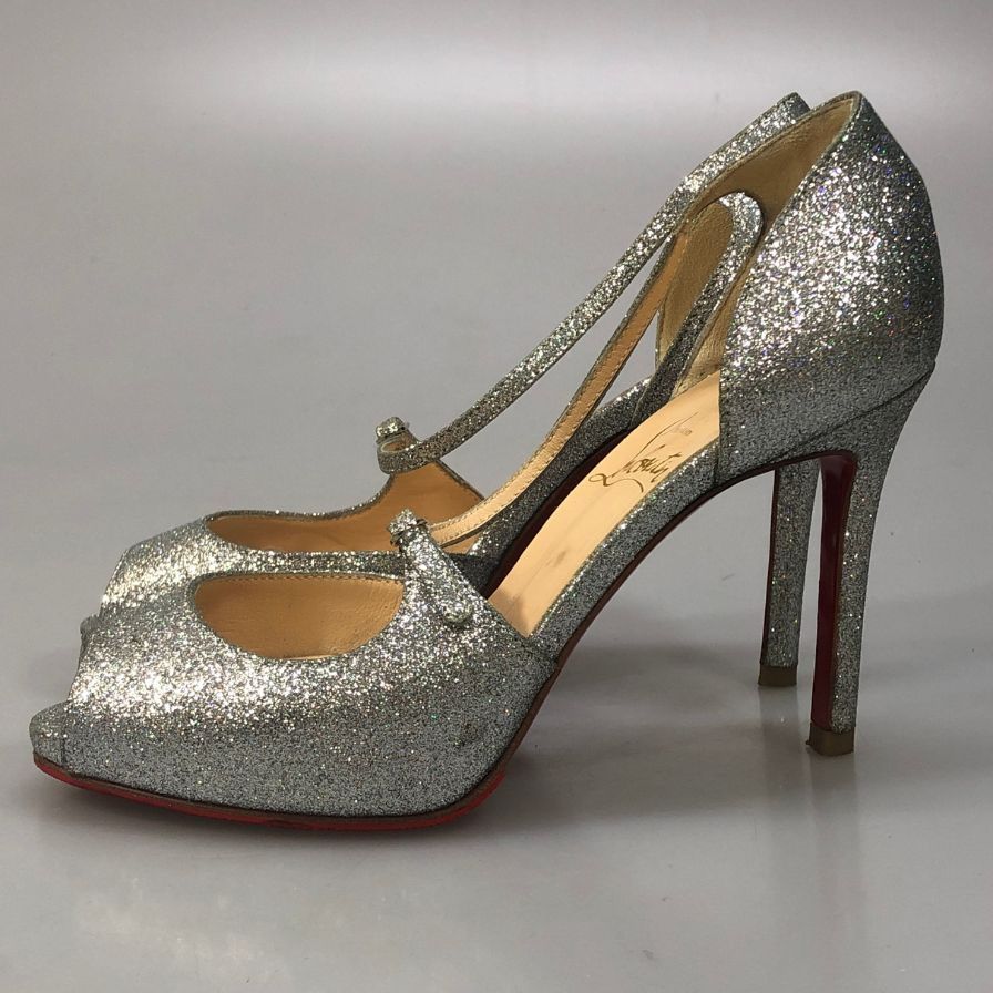 クリスチャンルブタン ヒールパンプス オープントゥ ラメ シルバー