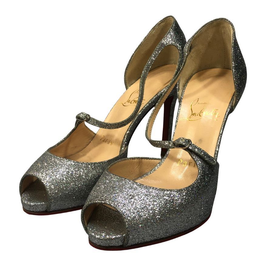 クリスチャンルブタン ヒールパンプス オープントゥ ラメ シルバー