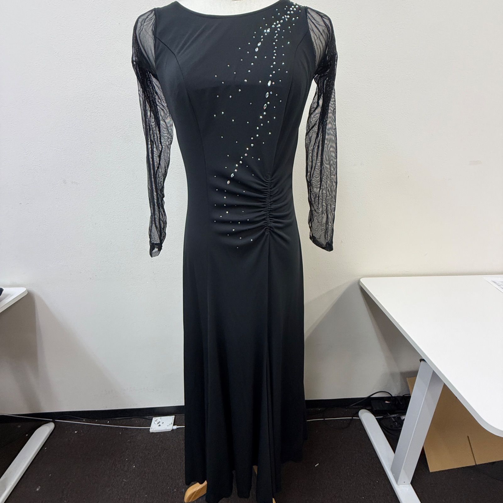 Sanline】社交ダンス衣装 ワンピース ドレス 黒 ブラック ライン