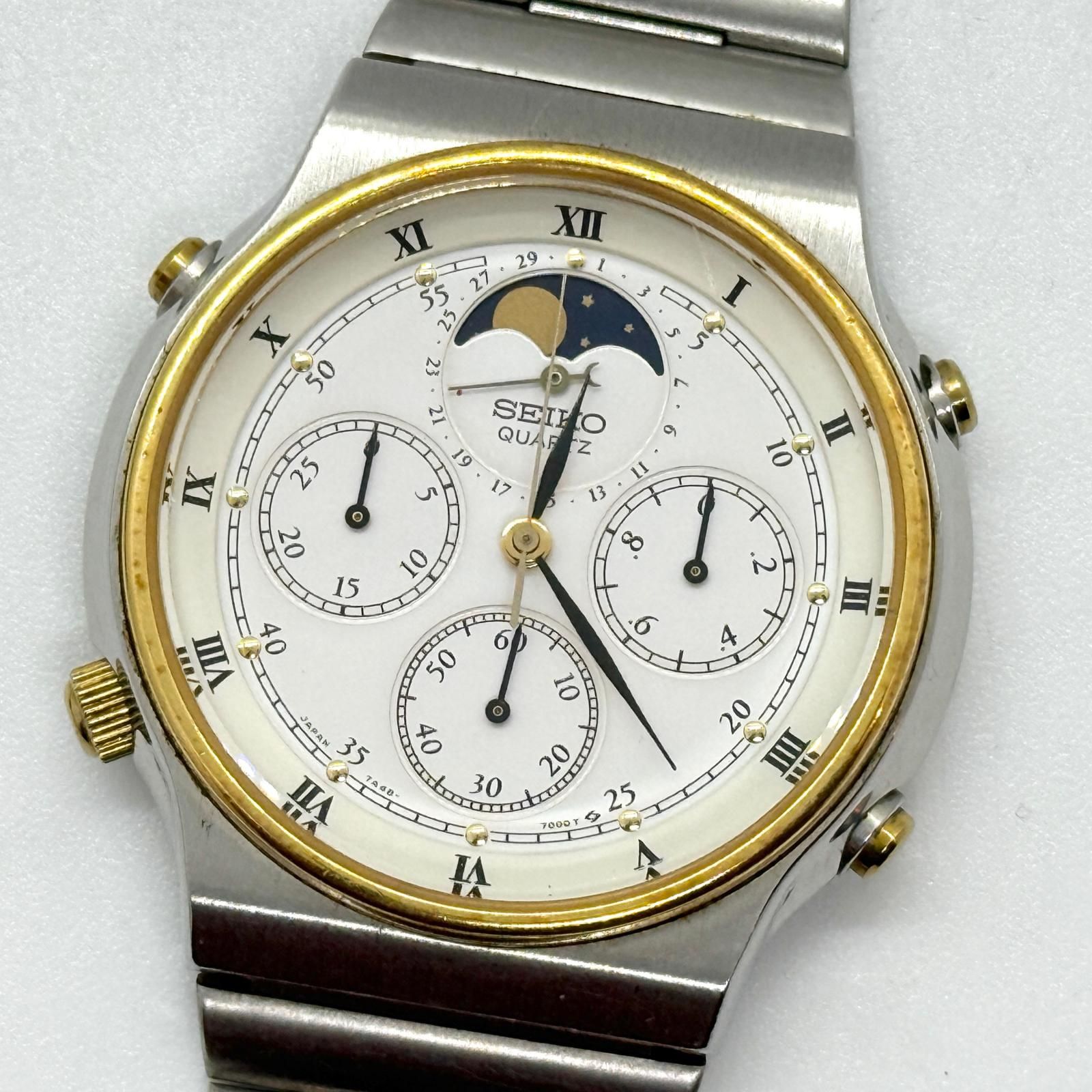 SEIKO セイコー ムーンフェイズ 7A48-7000 ホワイト QZ メンズ 腕時計 