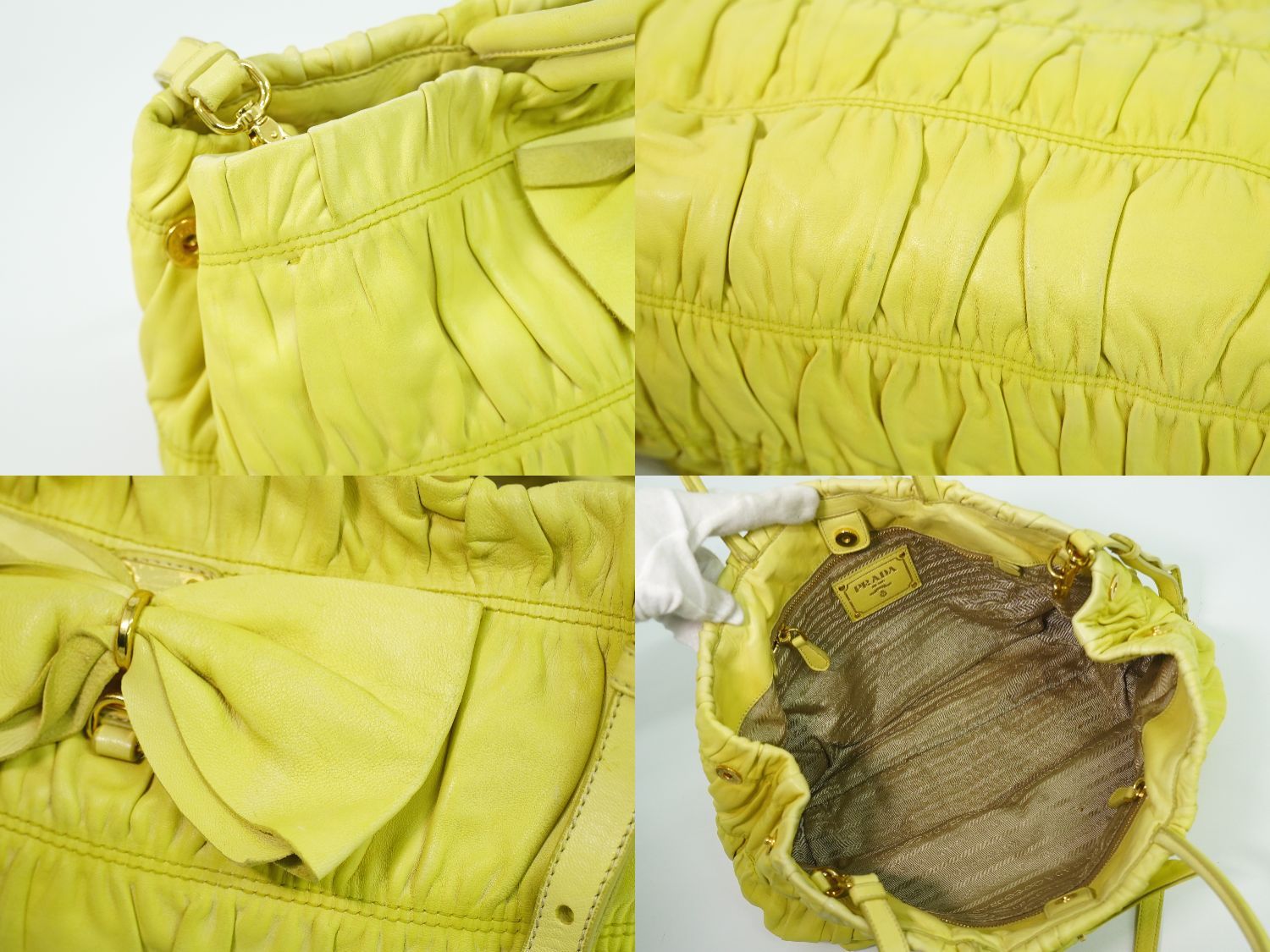 本物 プラダ PRADA リボン 2WAY ショルダーバッグ ハンドバッグ ポシェット レザー イエロー バッグ 中古・ 本物 プラダ PRADA リボン 2WAY ショルダーバッグ ハンドバッグ