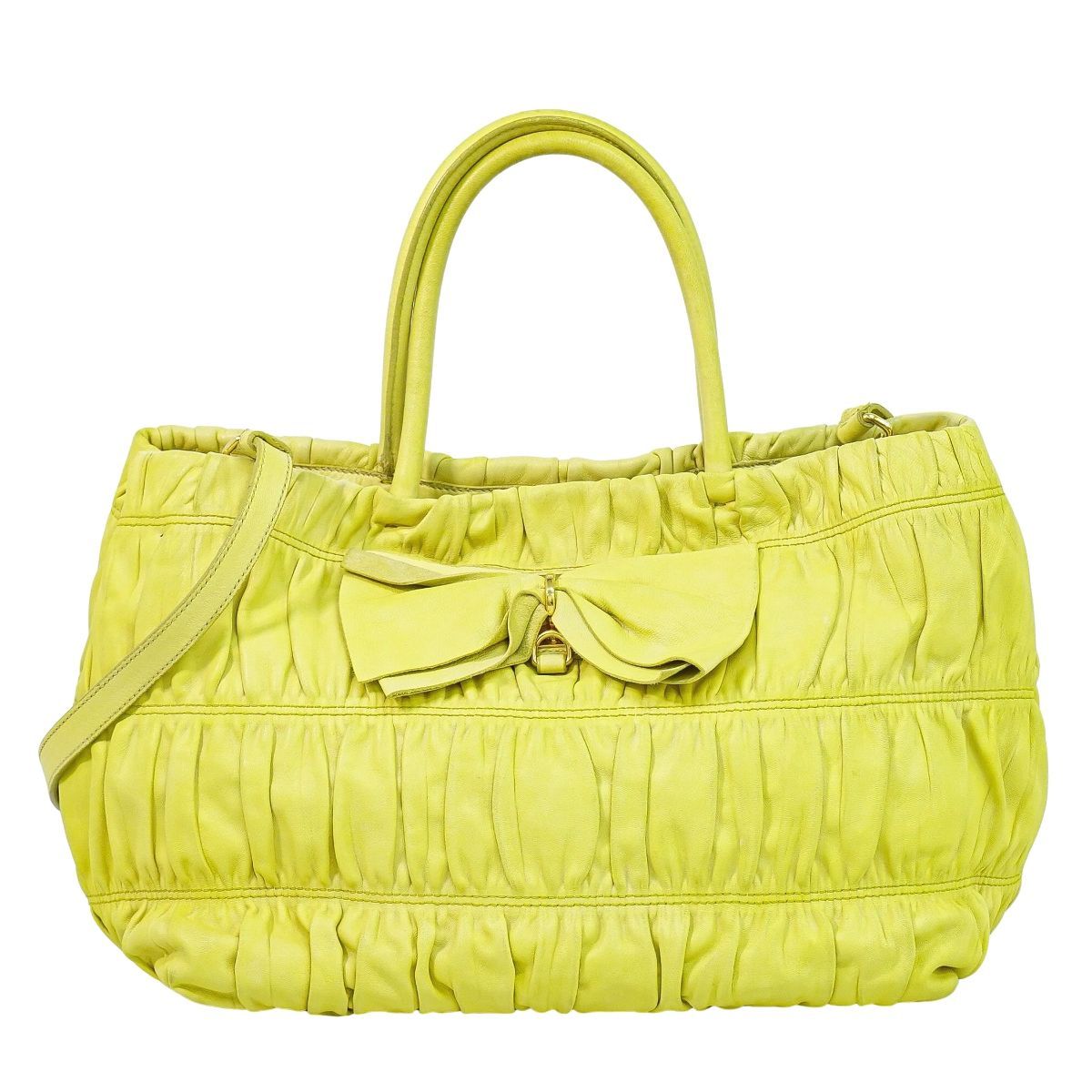 本物 プラダ PRADA リボン 2WAY ショルダーバッグ ハンドバッグ ポシェット レザー イエロー バッグ 中古・ 本物 プラダ PRADA リボン 2WAY ショルダーバッグ ハンドバッグ