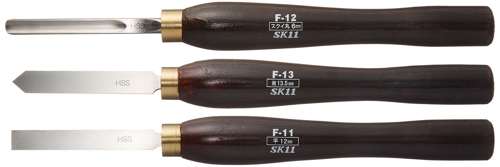 D★SK11(エスケー11) 木工旋盤用ハイス製バイト 3本組 平12mm・スクイ丸9mm・剣13.5mm F-10S