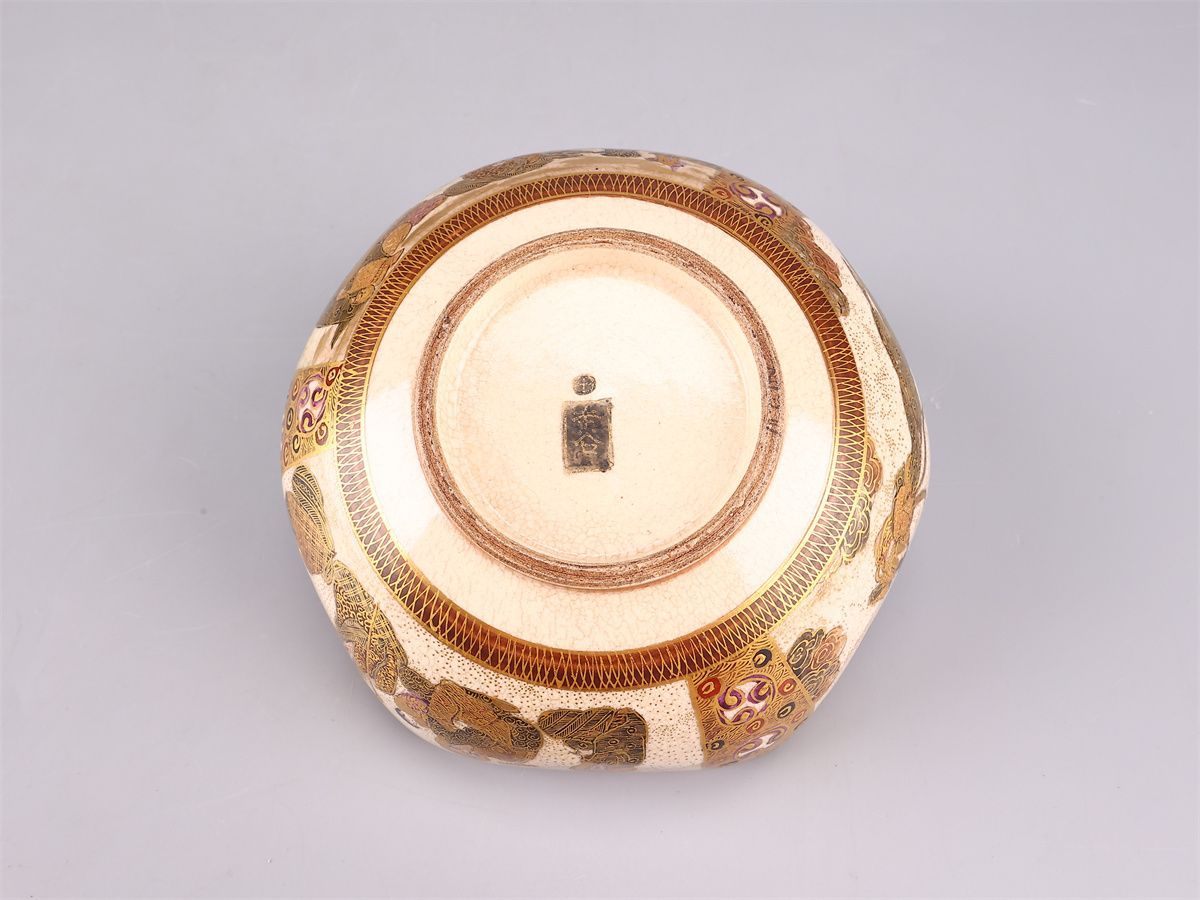 明治時代 【古薩摩焼】 本谷造 十八羅漢山水紋 六角 鉢 径15.5㎝／美品