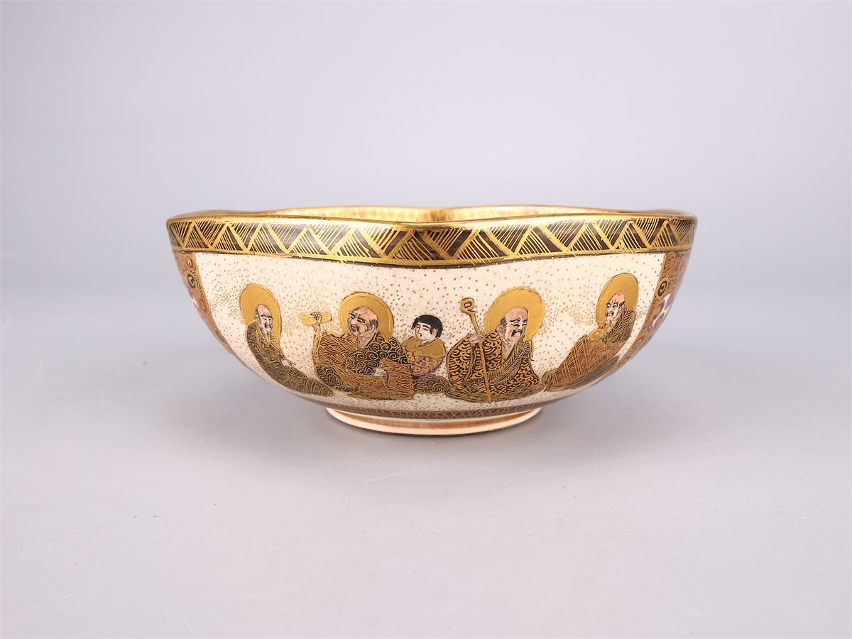 明治時代 【古薩摩焼】 本谷造 十八羅漢山水紋 六角 鉢 径15.5㎝／美品