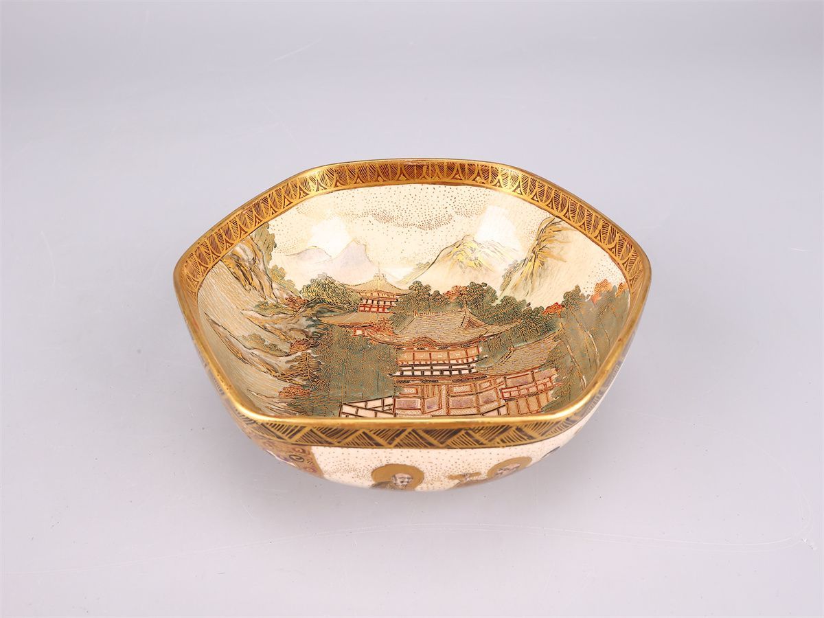 明治時代 【古薩摩焼】 本谷造 十八羅漢山水紋 六角 鉢 径15.5㎝／美品