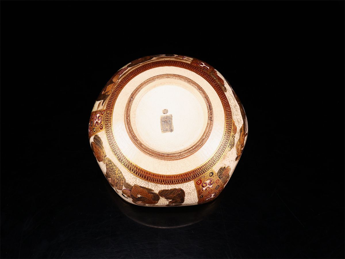 明治時代 【古薩摩焼】 本谷造 十八羅漢山水紋 六角 鉢 径15.5㎝／美品