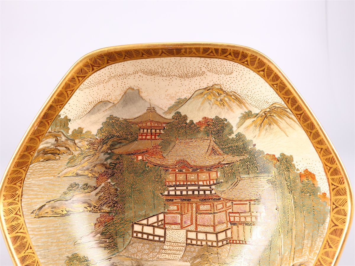 明治時代 【古薩摩焼】 本谷造 十八羅漢山水紋 六角 鉢 径15.5㎝／美品