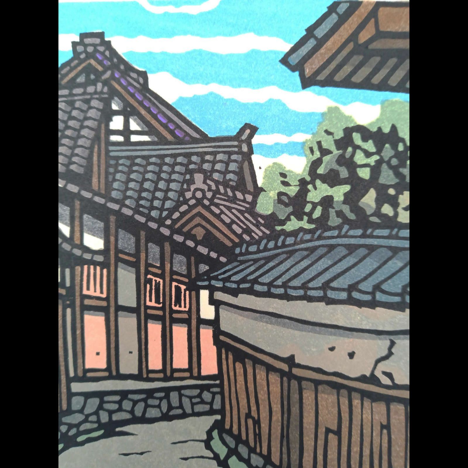 真作]創作版画 西嶋勝之先生木版画「せみしぐれ」サインあり 無限定