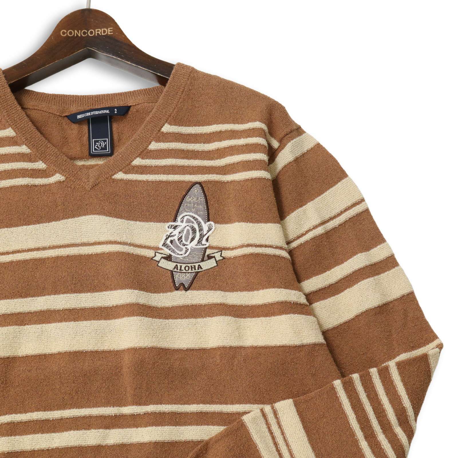 ZOY ゾーイ ゴルフ 通年 ALOHA サーフ ロゴ☆ Vネック ボーダー ニット