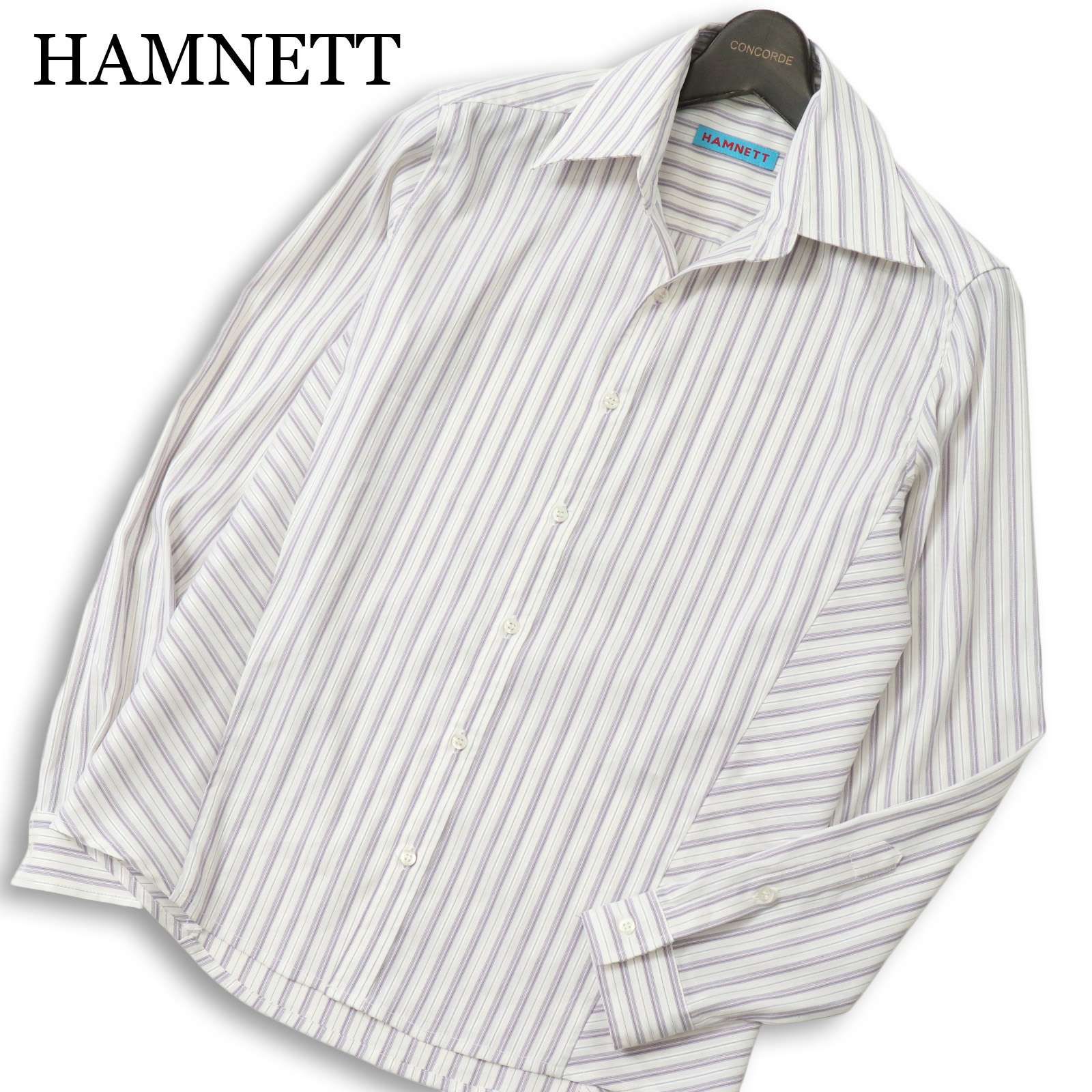 HAMNETT キャサリン ハムネット 通年 ストレッチ 長袖 ストライプ ドレス シャツ Sz.M メンズ 白 ビジカジ
