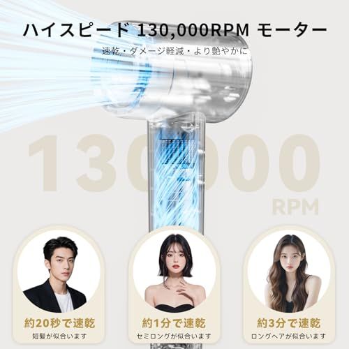 ドライヤー 大風量 速乾 4億高濃度マイナスイオン 1200W u0026 130000RPM ヘアドライヤー 冷熱風 4段階温度調節 2段階風量調節 NTC温度制御システム搭載｜過熱防止・恒温ヘアケア 髪質改善u0026香り
