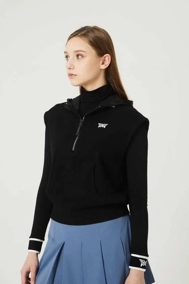 (当日※メルカリshop取引では対象外)PXG レディース ブラック フード ニット バイカラー ベスト