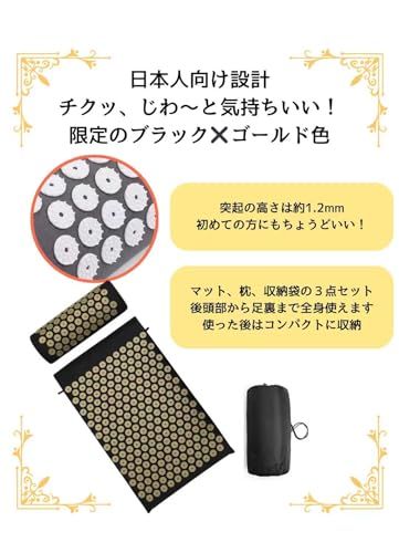 【2026年 新型】指圧マット 鍼クッション スパイクマット 枕セット 収納ケース付 洗える綿カバー 背中・首・腰 セルフケア ヨガ ストレス解消 快眠 【ブラック＆ゴールド、限定色】t