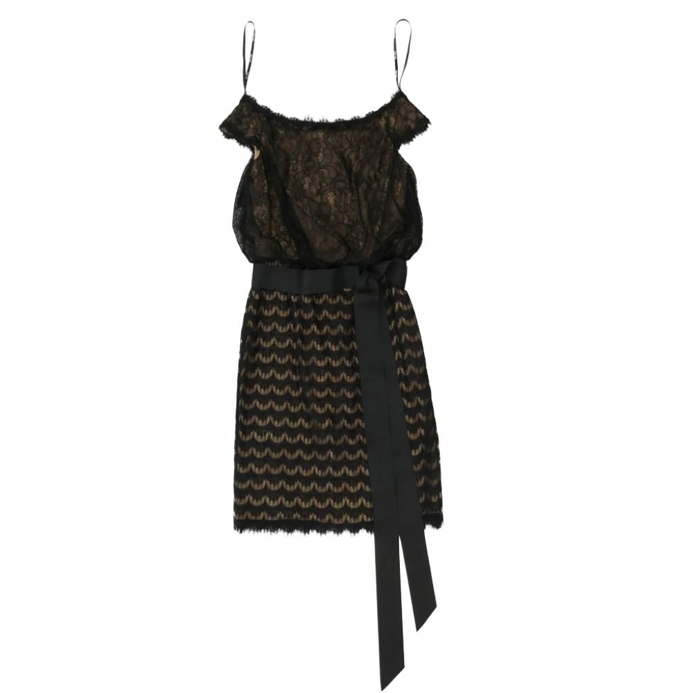 TADASHI SHOJI タダシショージ フレンチスリーブ 総レース ウエストベルト ドレス ワンピース ブラック系 ベージュ系【中古】 TADASHI SHOJI タダシショージ フレンチスリーブ 総レース ウエスト