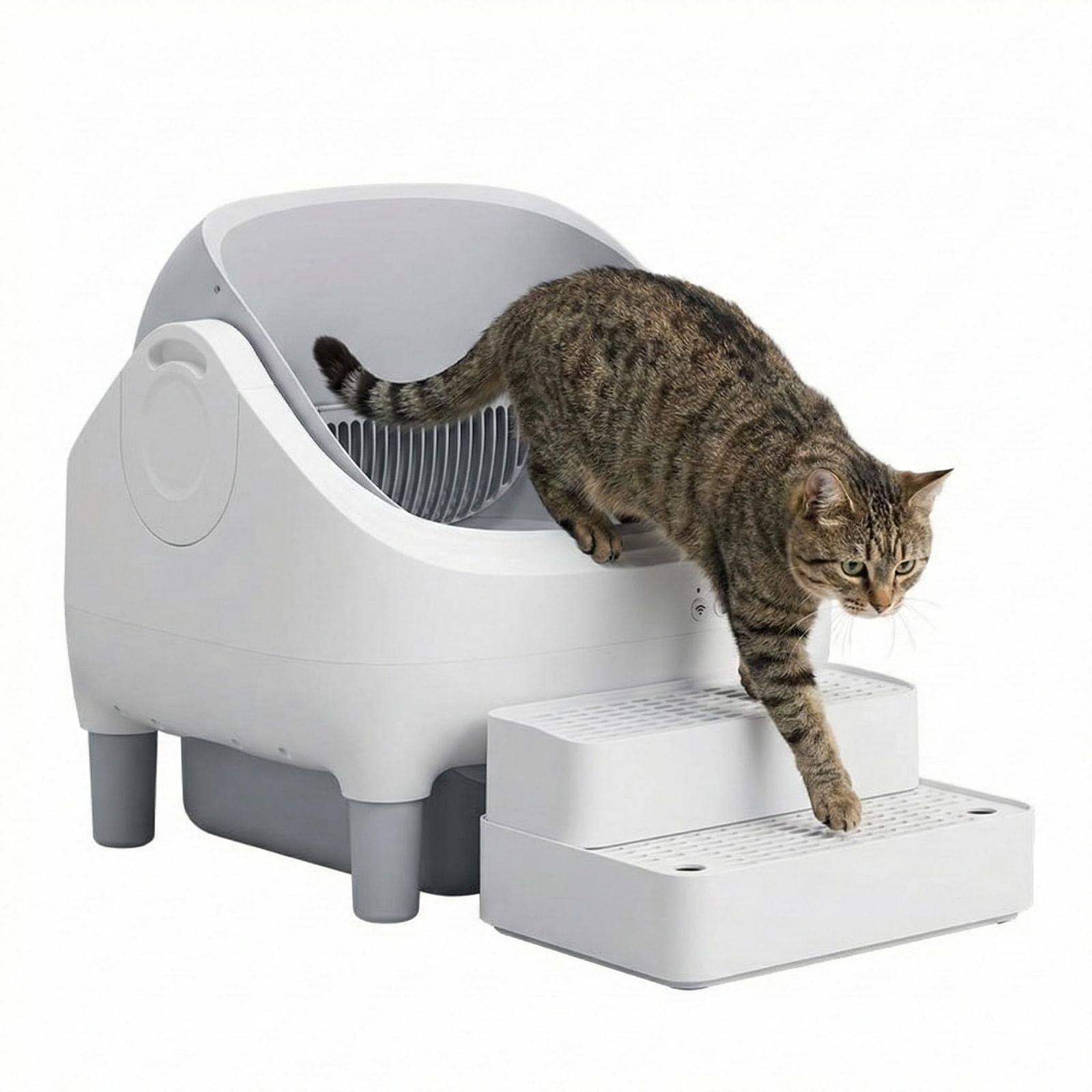 【安心の国内ブランド】 Prairia 自動猫砂トイレ オープン型 猫 トイレ 自動清掃 大型・多頭飼い対応 静音 日本ブランド (ホワイト&グレー)rc