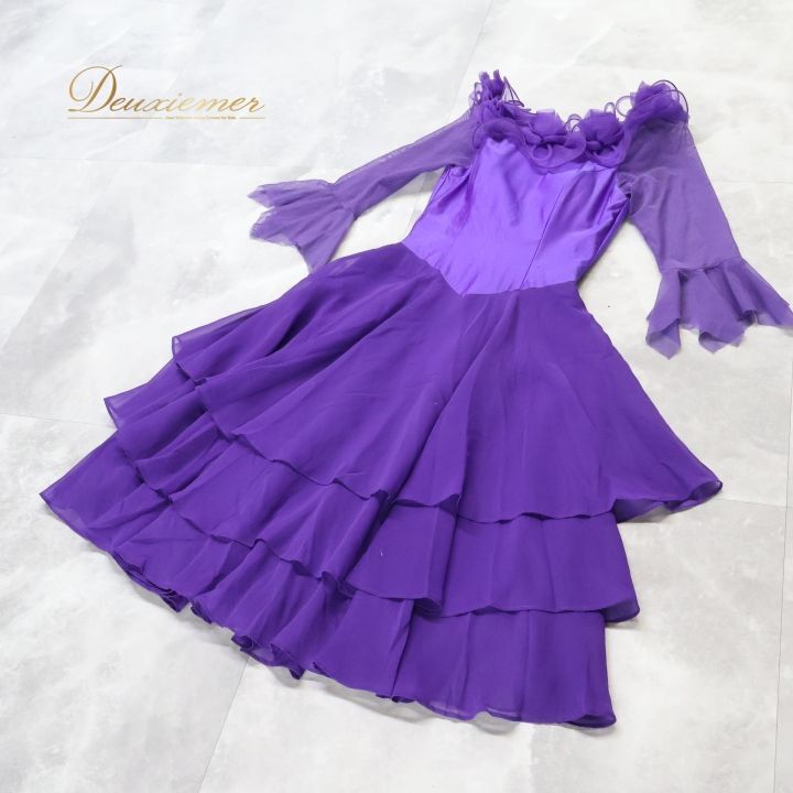 7586★美品　クリエイトサン　M 紫　レース　フリル　ワンピース　社交ダンス 社交ダンス 衣装 ワンピース ドレス パープル系 クリエイトサン Create