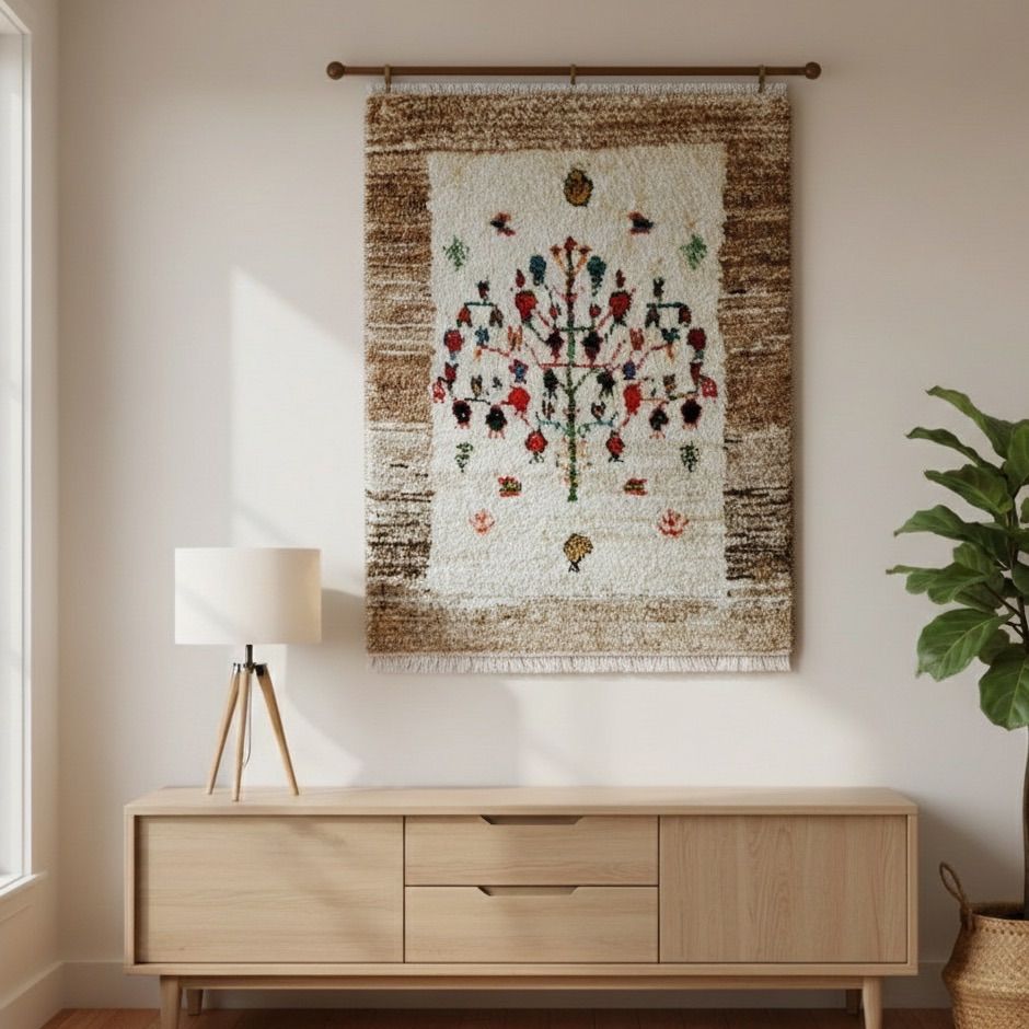ペルシャ 手織り本物 アート ギャッベ 57×80cm 豊穣のザクロ文様