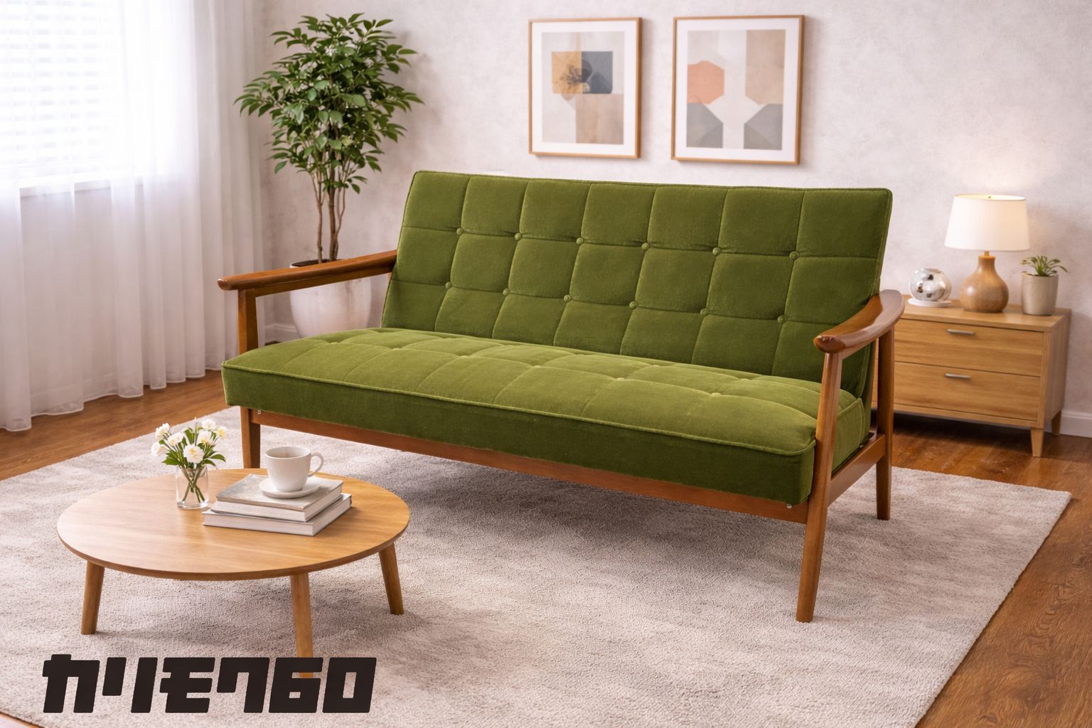 カリモク60 Kチェア 2シーター モケットグリーン ソファ 北欧 レトロ