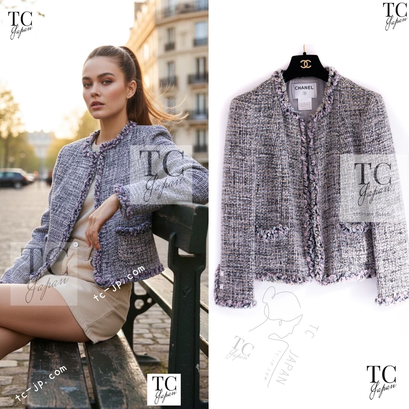 シャネル ジャケット CHANEL 159万 グレー 淡い ピンク スパンコール 