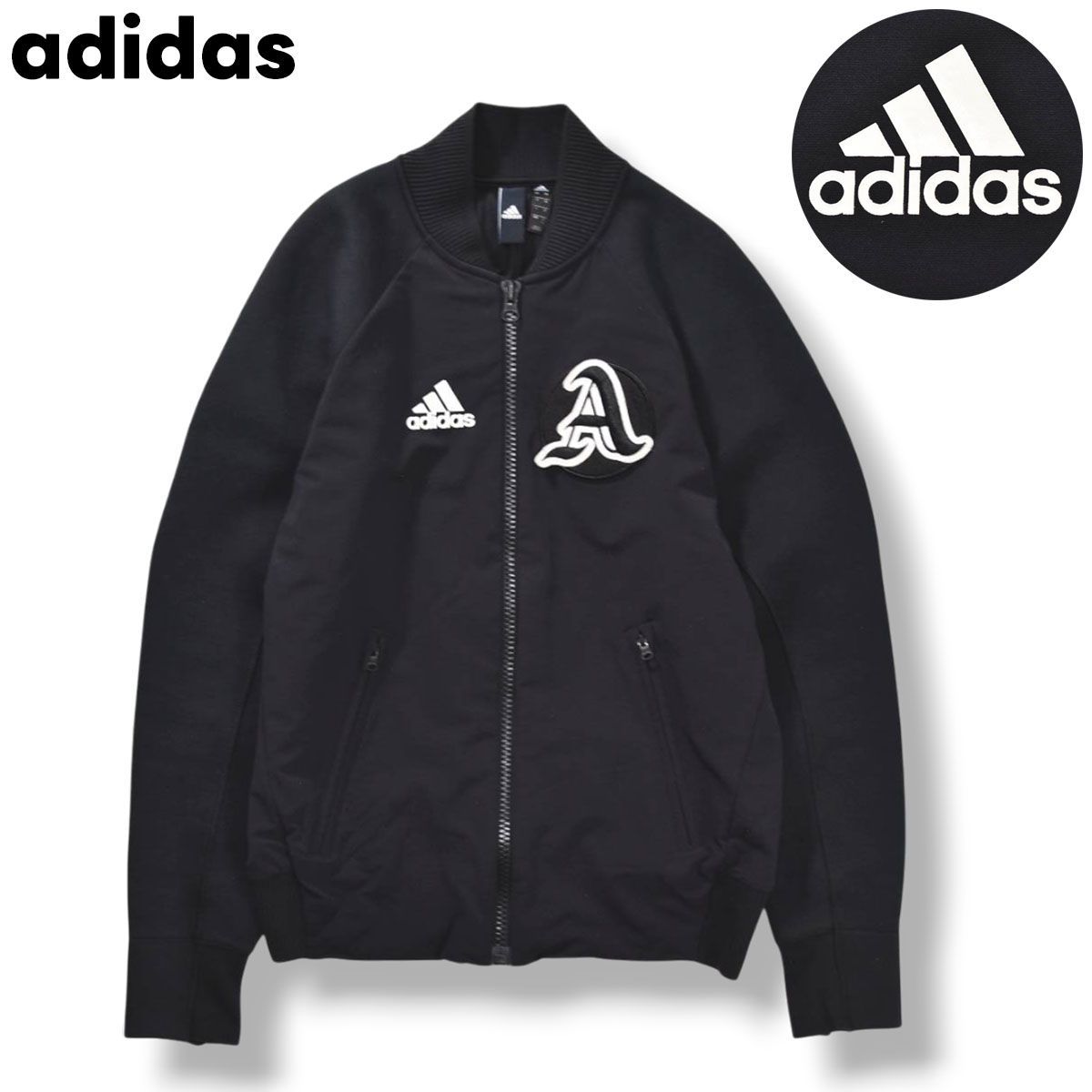 【美品】 アディダス adidas ロゴ デザイン ストレッチ ナイロン ジャケット ブルゾン ジャンパー ジップアップ ラグランスリーブ 裏地 メッシュ S ブラック スポーツ ストリート カジュアル ウェア メンズ
