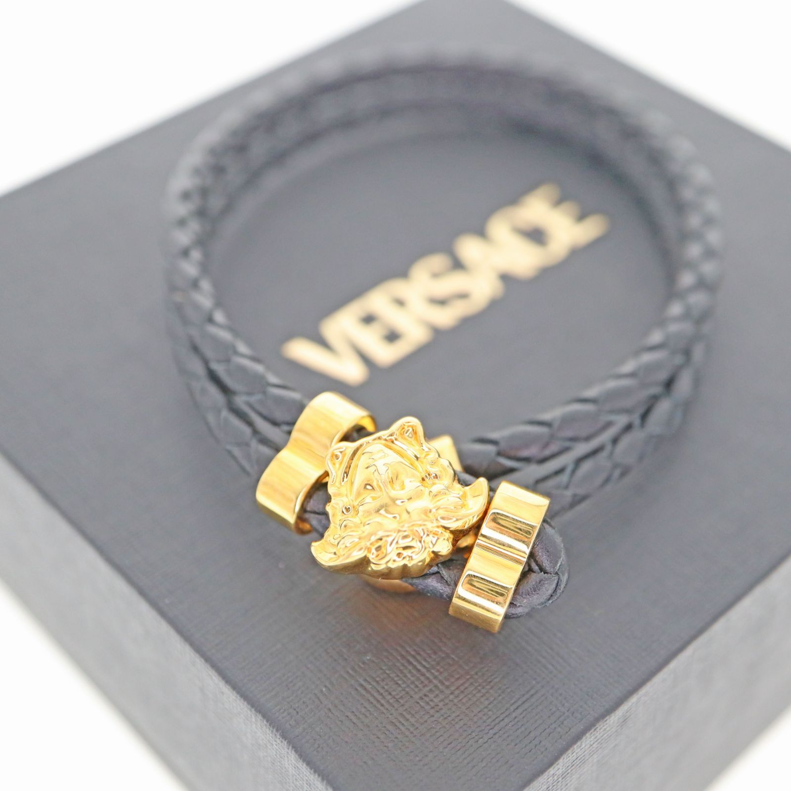 中古】VERSACE ヴェルサーチ ラ メドゥーサ レザー ブレスレット 