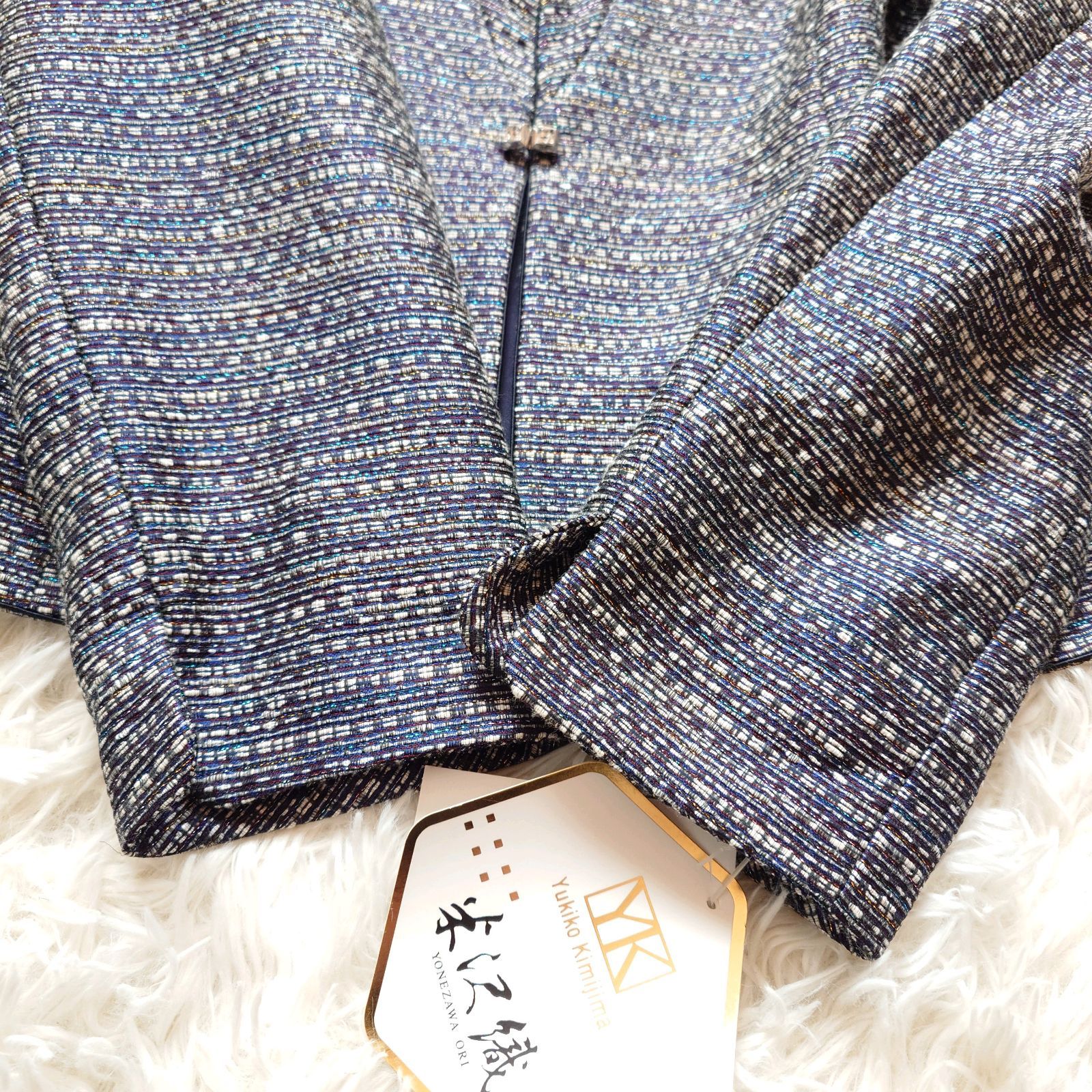 YUKIKO KIMIJIMAブルーグレー 花柄刺繍 ジャケット 13号 新品 ユキコキミジマ Yukiko kimijima 13号 光沢織 ノーカラー