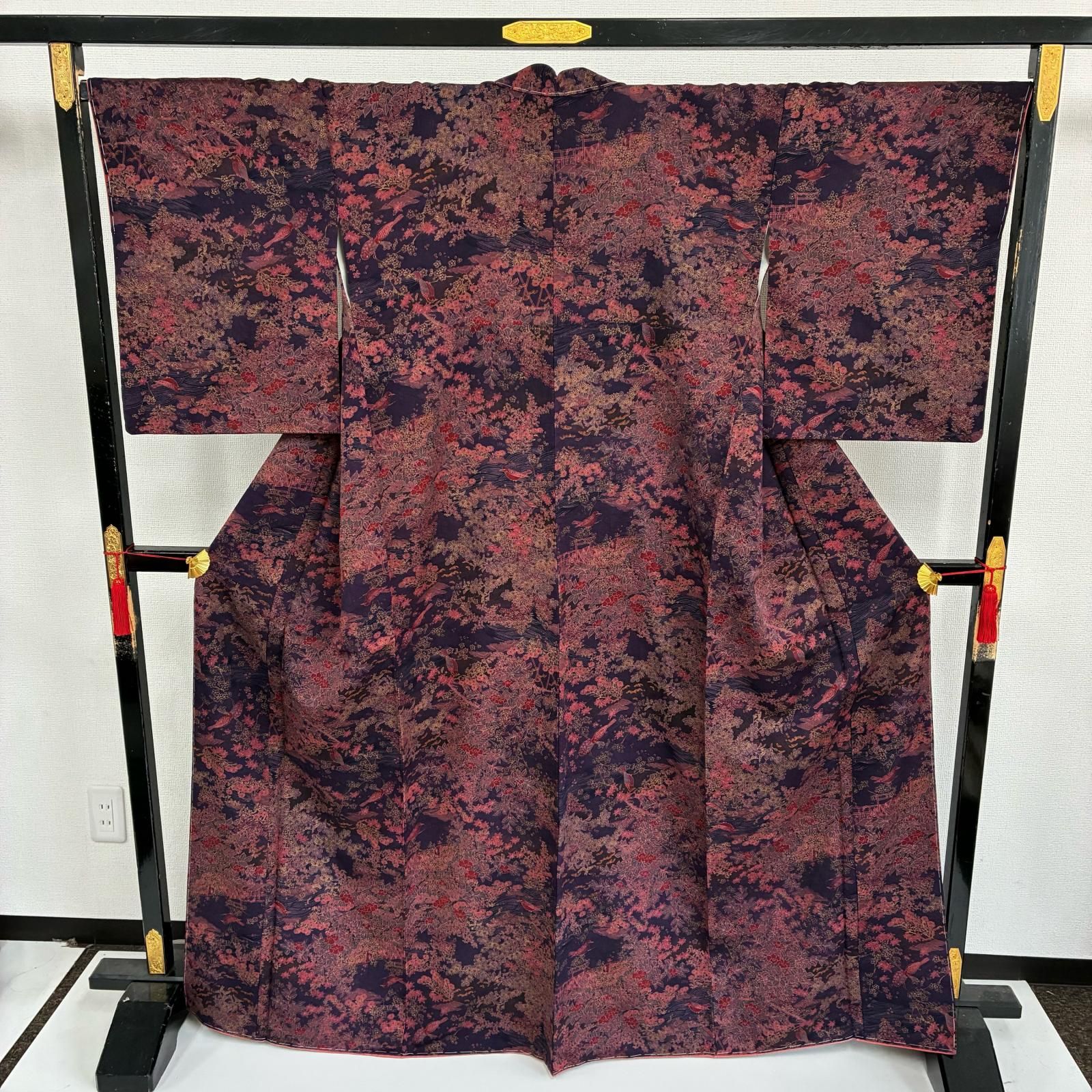 臈纈染 縮緬 小紋 正絹 美しい染め 袷 着物 KK-4287 【楓】 小紋 裄 