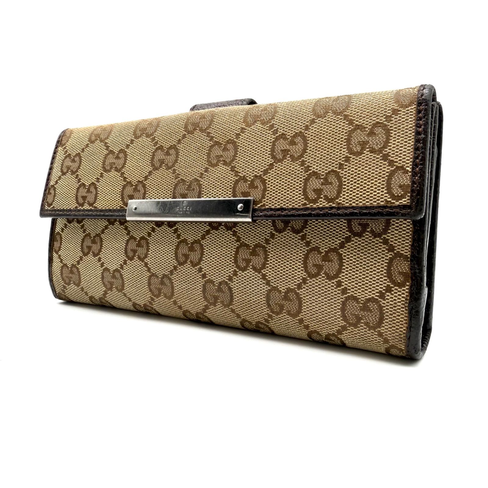 良品】GUCCI グッチ 長財布 GGキャンバス レザー シルバープレートロゴ 