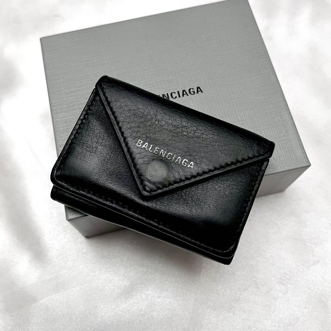 ◇美品◇バレンシアガ　ペーパーミニウォレット　折り財布　シルバーロゴ　ブラック ◇美品◇バレンシアガ ペーパーミニウォレット 折り財布 シルバーロゴ