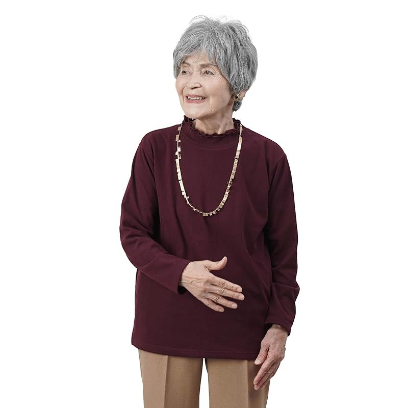 [装生] 乾燥機対応 あったか起毛 ダブルメローネック カットソー レディース 婦人 プレゼント シニアファッション 60代 70代 80代 (M-L， エンジ)