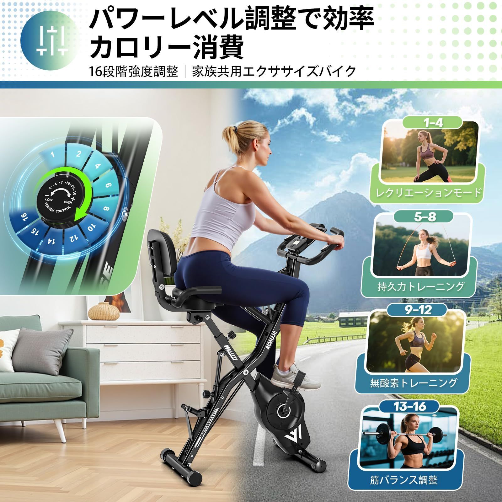 エアロバイク 家庭用 静音 フィットネスバイク 5機能 折りたたみ 16 