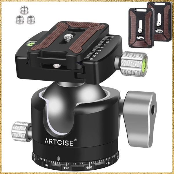 ☆彡送料無料でお届け☆彡 ARTCISE 50mm 低重心 ボール雲台 軽量 CNCアルミ三脚雲台 Arca-Swiss互換 クイックリリースプレート U型スロット搭載 高耐荷重 水準器付き 予備プレート付