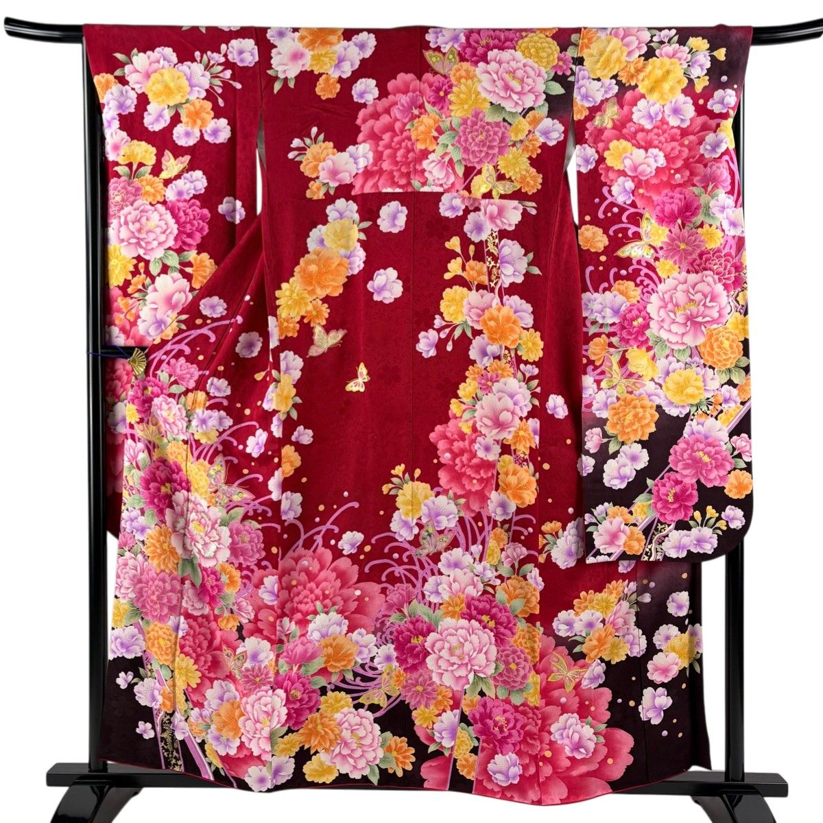 美品】 振袖 身丈158cm 裄丈66.5cm M 袷 牡丹 蝶 刺繍 箔 赤 正絹 名品 