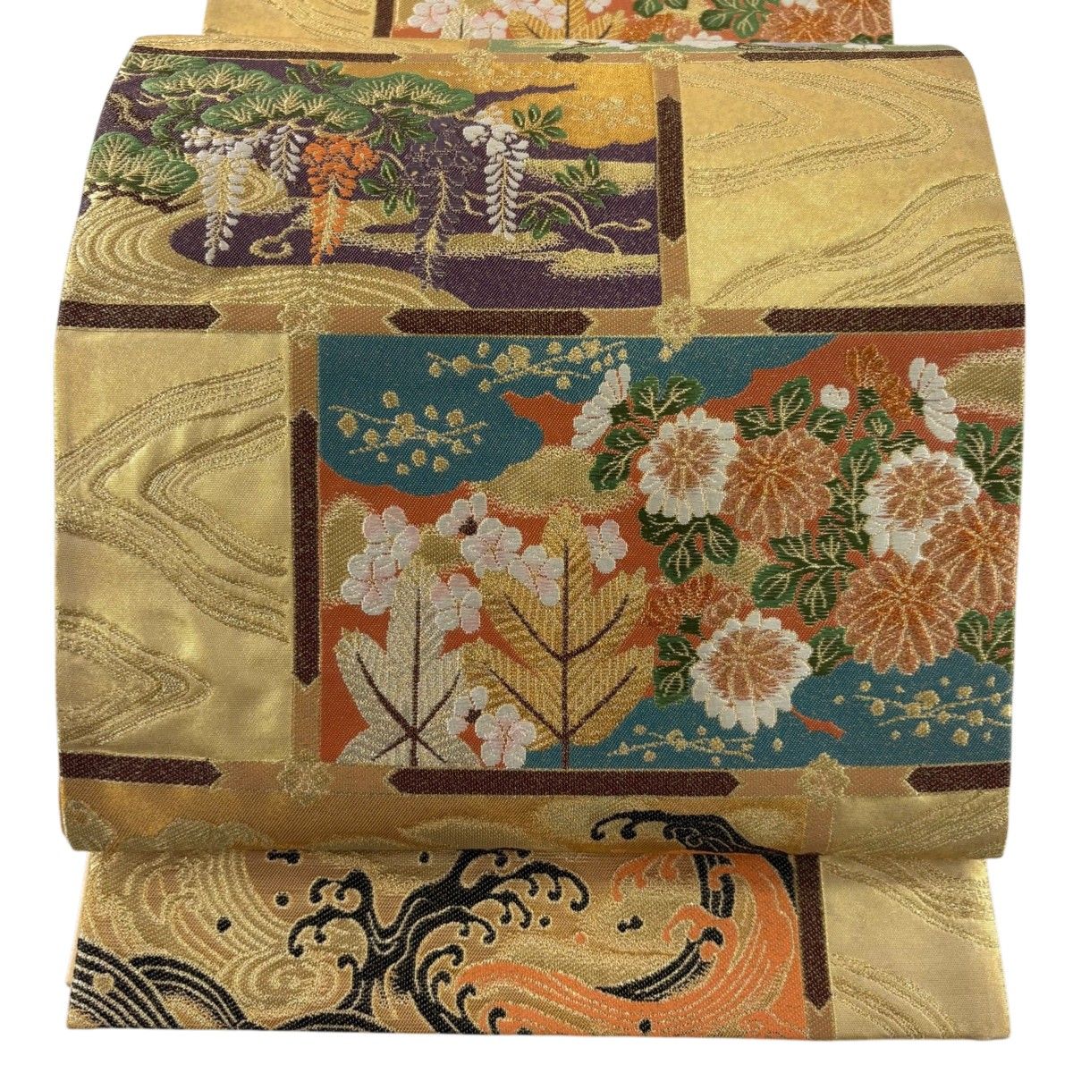 美品】 袋帯 秀品 建物 松 金糸 箔 金色 六通 正絹 【中古】 袋帯 秀