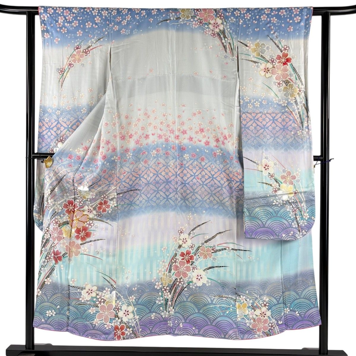 振袖 身丈156cm 裄丈64.5cm M 袷 蝶 桜 金糸 金銀彩 青紫 正絹 秀品
