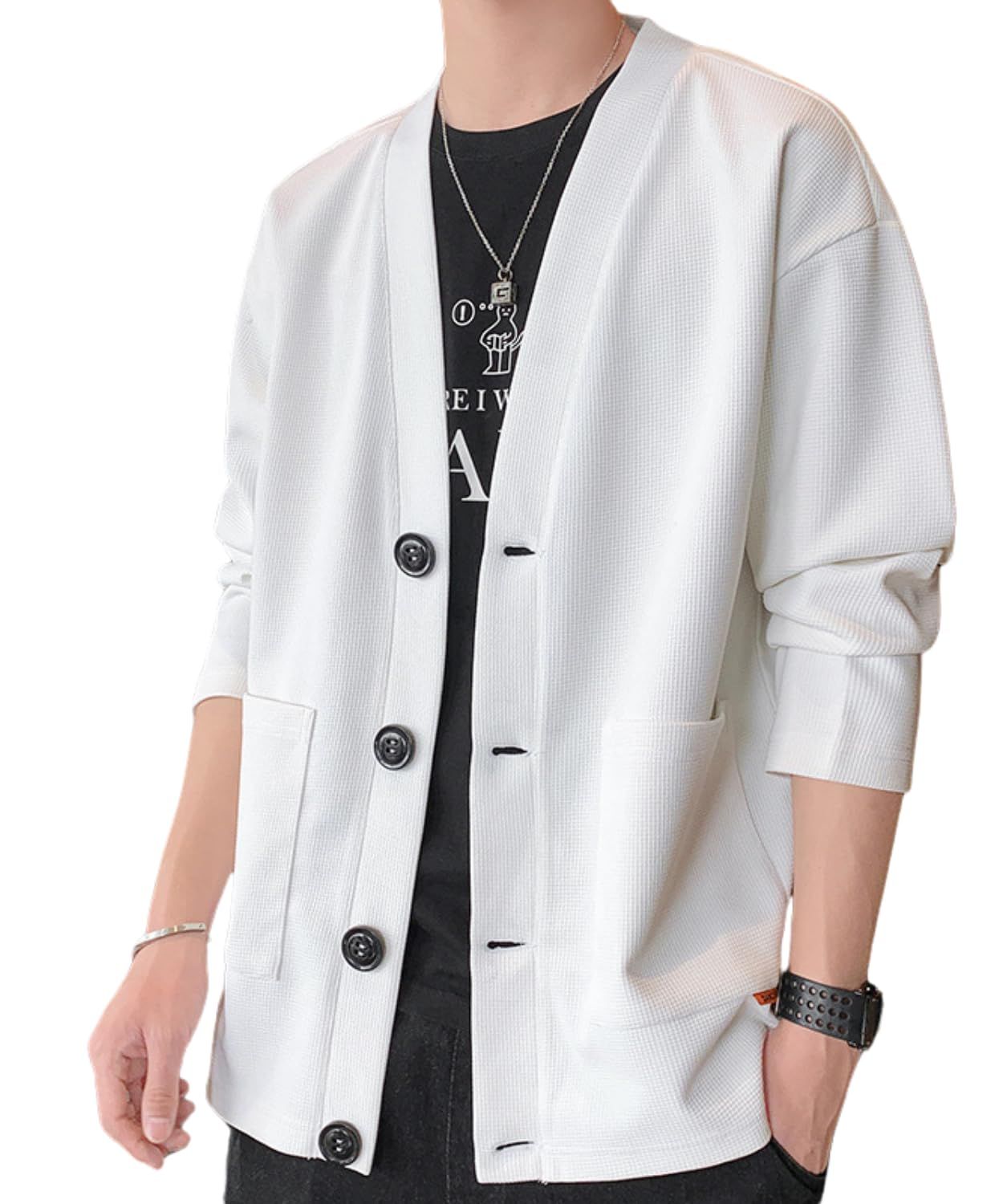 [レンロック] メンズ カーディガン ジャケット Vネック スクールニット 羽織 アウター 春 秋 冬 学生服 中学生 高校生 冷房対策 通勤 通学 無地 (JP， アルファベット， 3XL， ホワイト) [ホワイ
