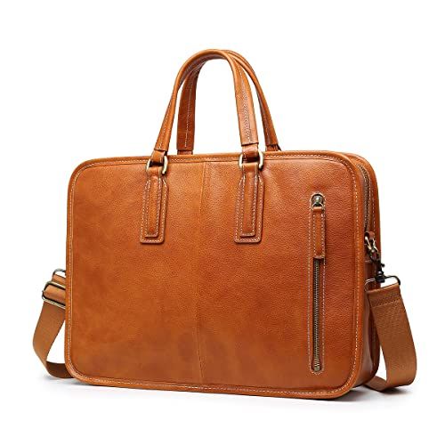 新品 AKIYAMA 本革 ビジネスバッグ メンズ ブリーフケース 防水レザー a4対応 14インチ 就活 出張 仕事 通勤 ノートPC 就活 バッグ メンズ (キャメル色)