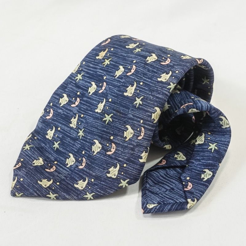 HERMES エルメス ネクタイ シルク100% 魚柄 フィッシュ 海 星 スター