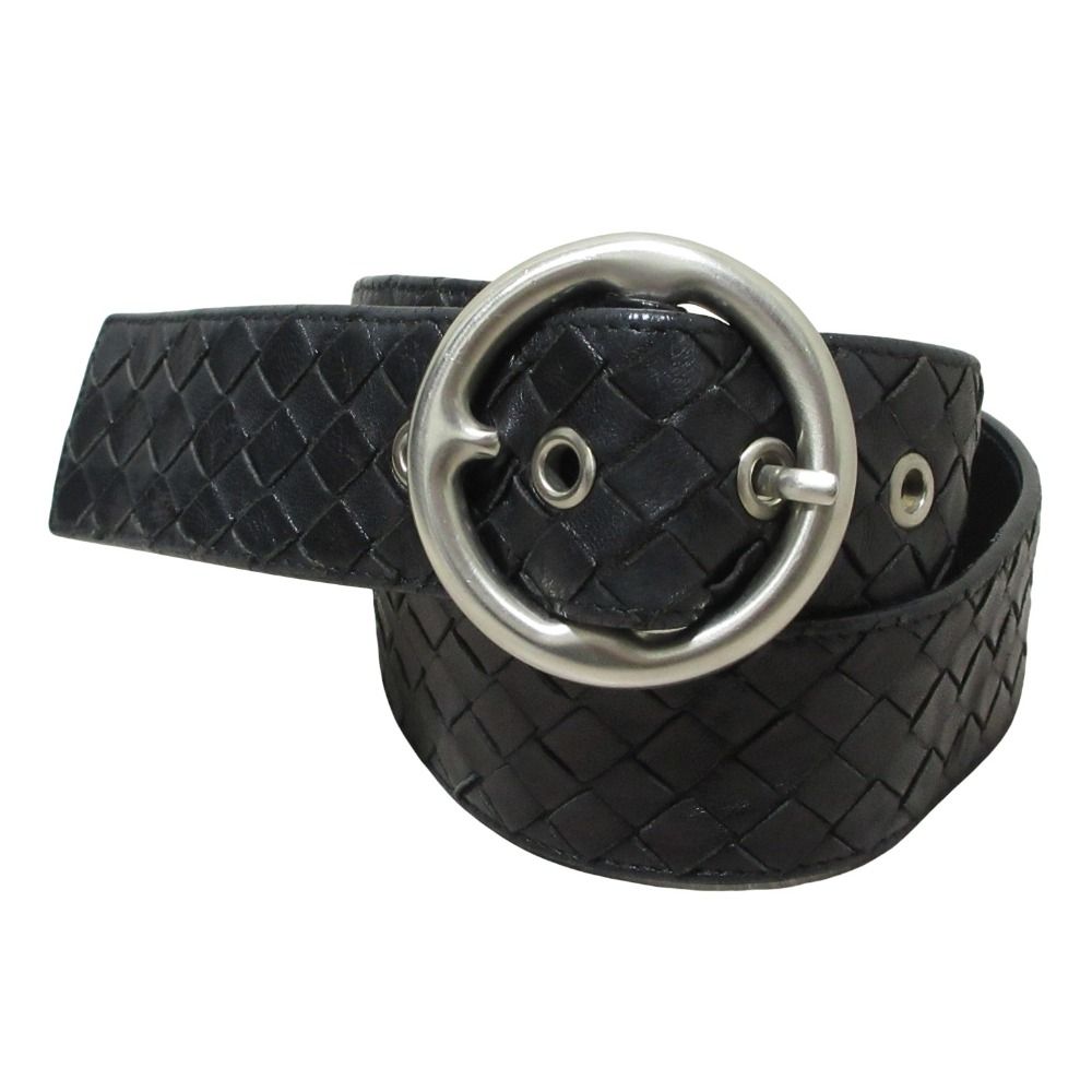 美品 Bottega Veneta ボッテガヴェネタ イントレチャート レザーベルト 32inch 80cm ブラック レディース 古着 中古 USEDNo apparent damage/stain