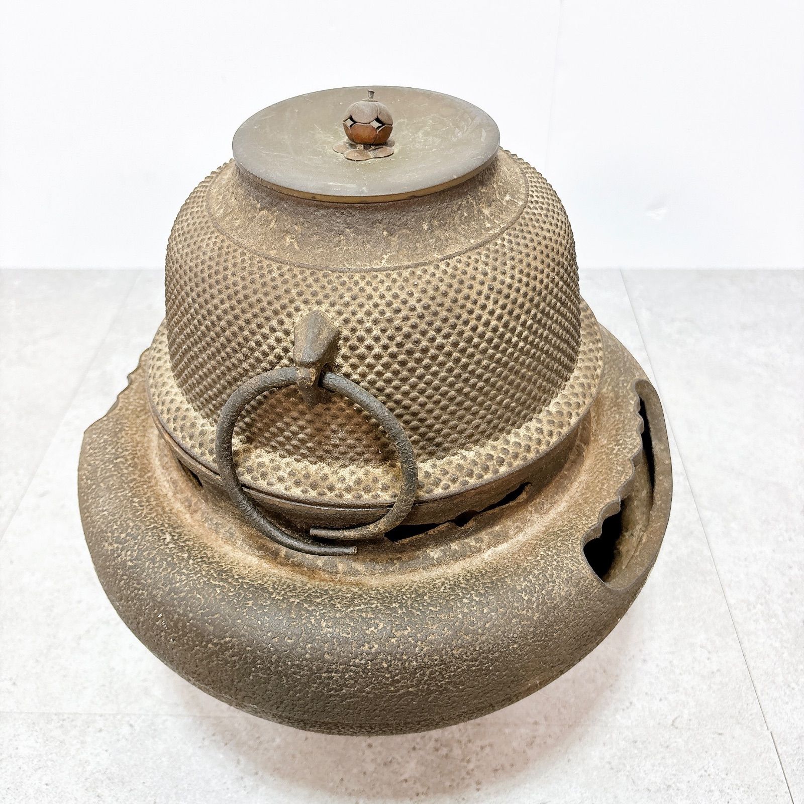 茶釜 風炉釜 風炉 茶道具 鉄製 茶道 炉釜 釜環付 蓋付 五徳不要 炉壇