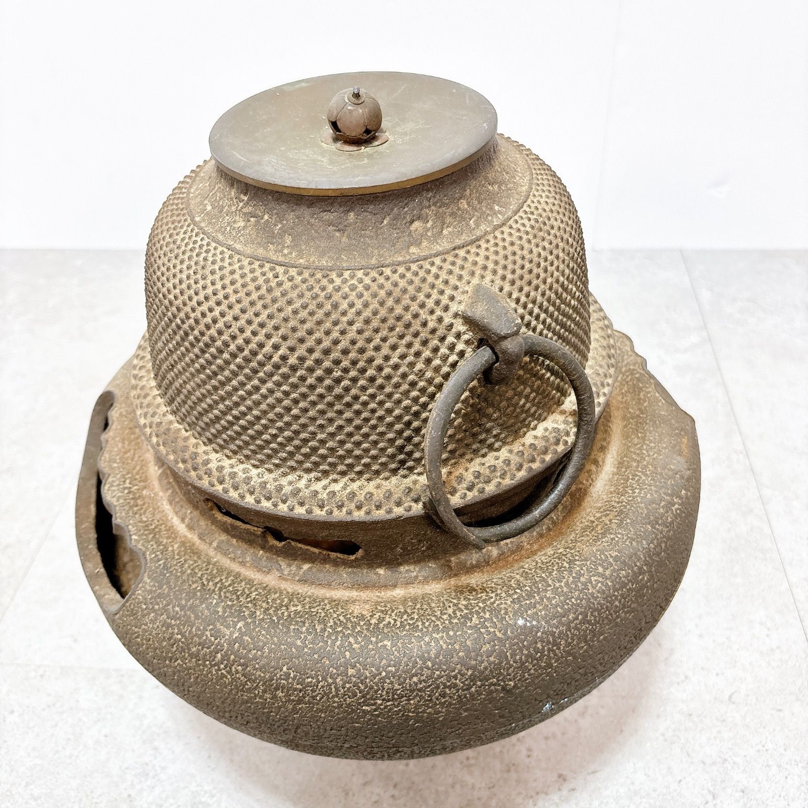 茶釜 風炉釜 風炉 茶道具 鉄製 茶道 炉釜 釜環付 蓋付 五徳不要 炉壇