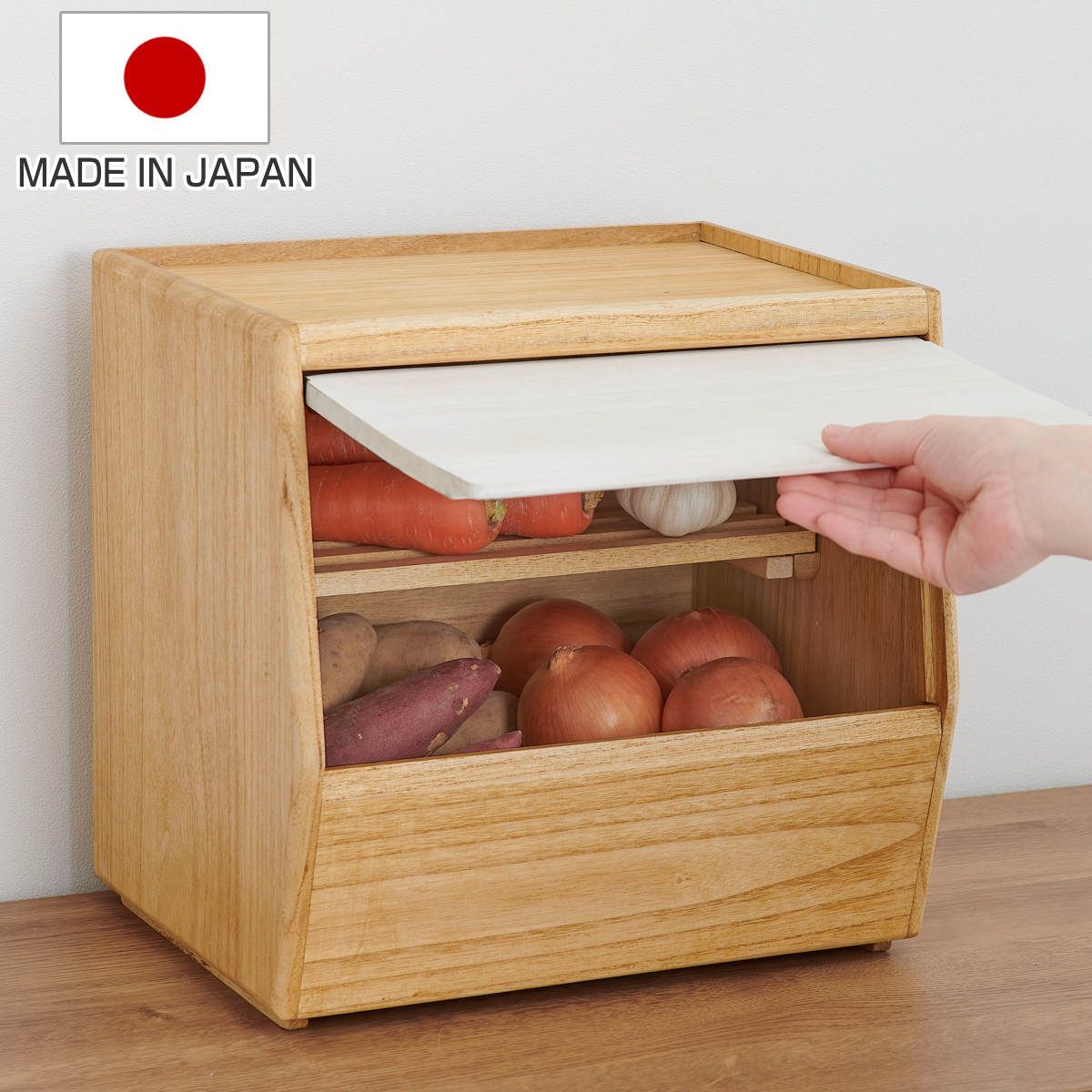 野菜ストッカー KIRISAI 桐のやさい櫃 （ 桐 根菜 野菜 収納 保管 野菜収納 天然木 調湿 日本製 キッチンストッカー 常備野菜 保存 すのこ棚 2段 桐箱 防虫 取り出しやすい )
